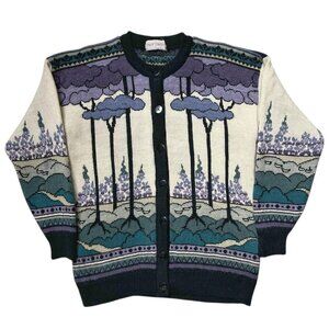 90s Vintage wool forest cardigan sweater Past Times UK trees nature pattern.